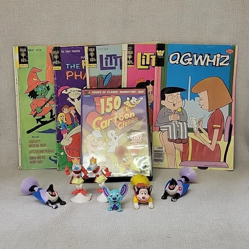 5 Vintage Mighty Mouse Suction Cup Figures Wendy's 1989, 5 comics, Cartoon DVD‎
